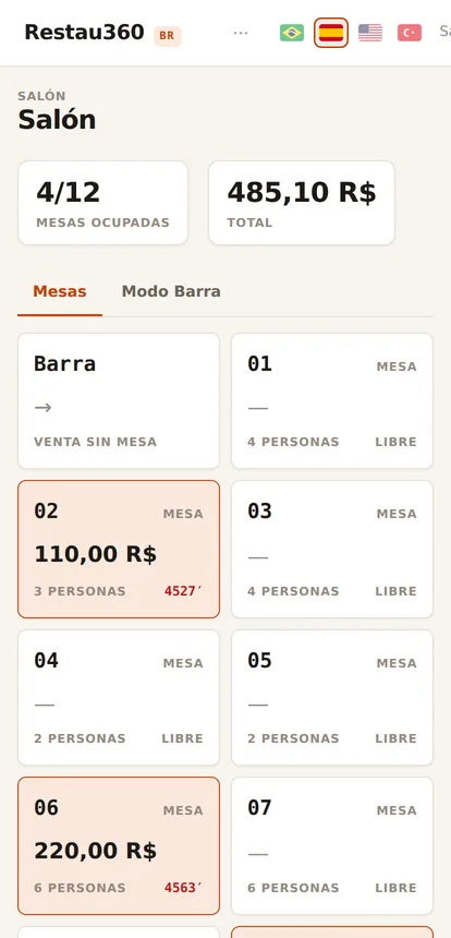 La misma pantalla de mesas en el celular del mesero.
