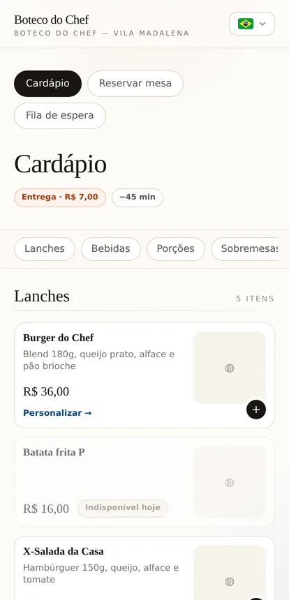 A loja do restaurante no celular do cliente
